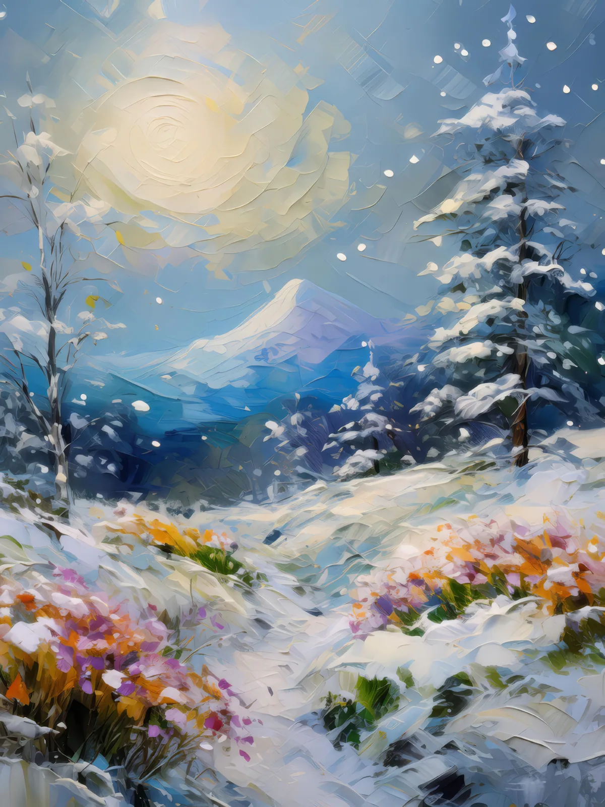Winter Knoll Snowfall, a palette-knife oil landscape by Emma Mickelberg