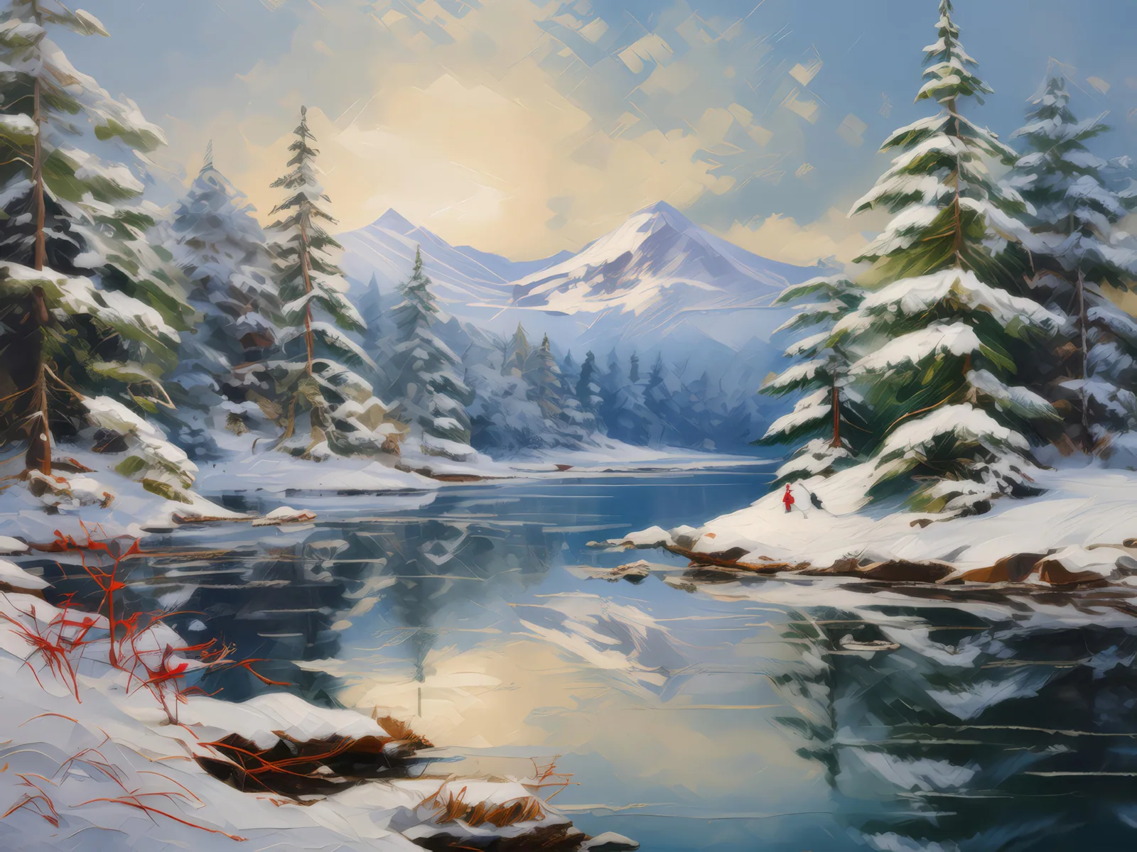 Winter Lake Wonderland, a palette-knife oil landscape by Emma Mickelberg