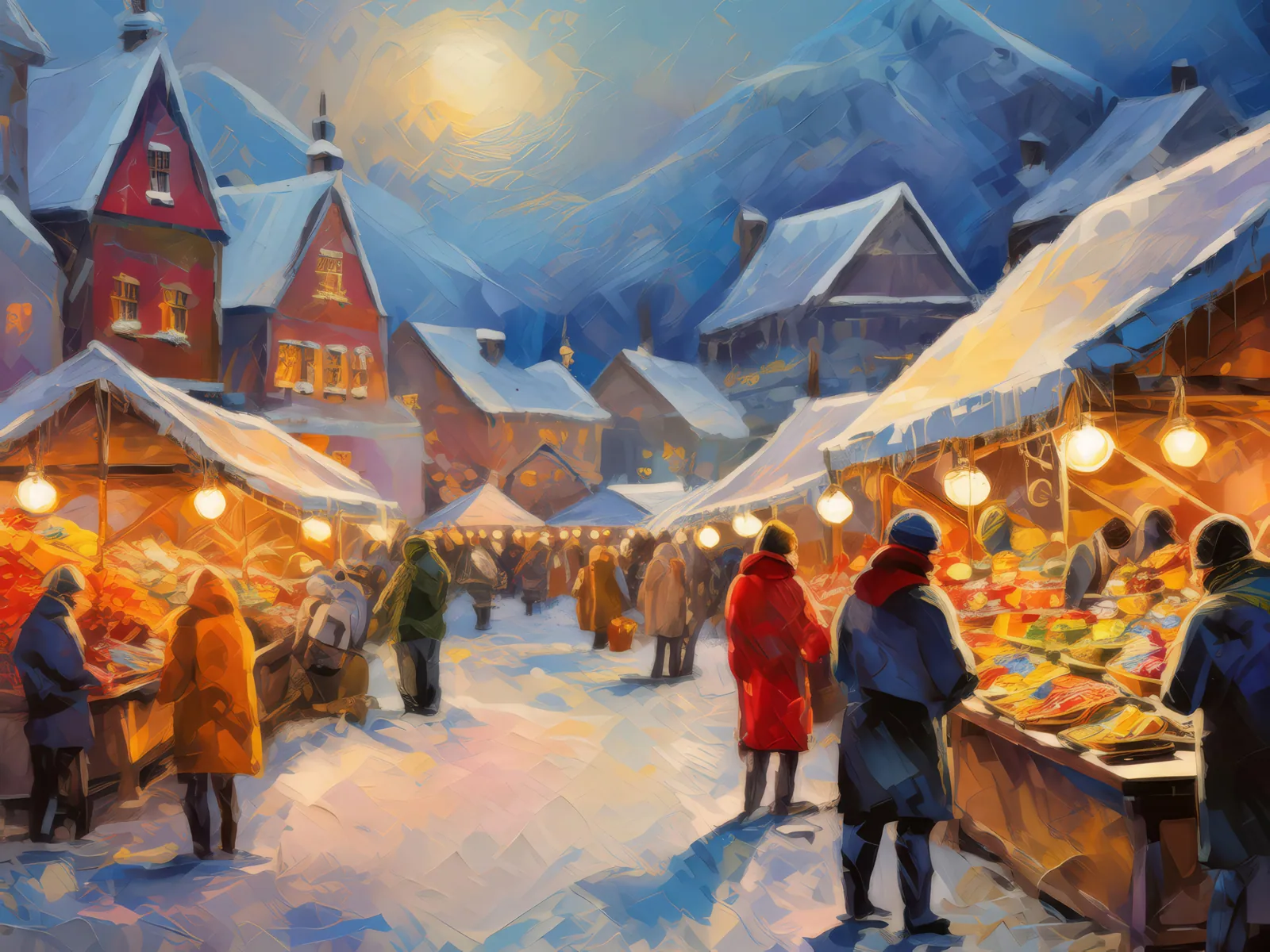 Winter Market in Scandinavia, a palette-knife oil landscape by Emma Mickelberg