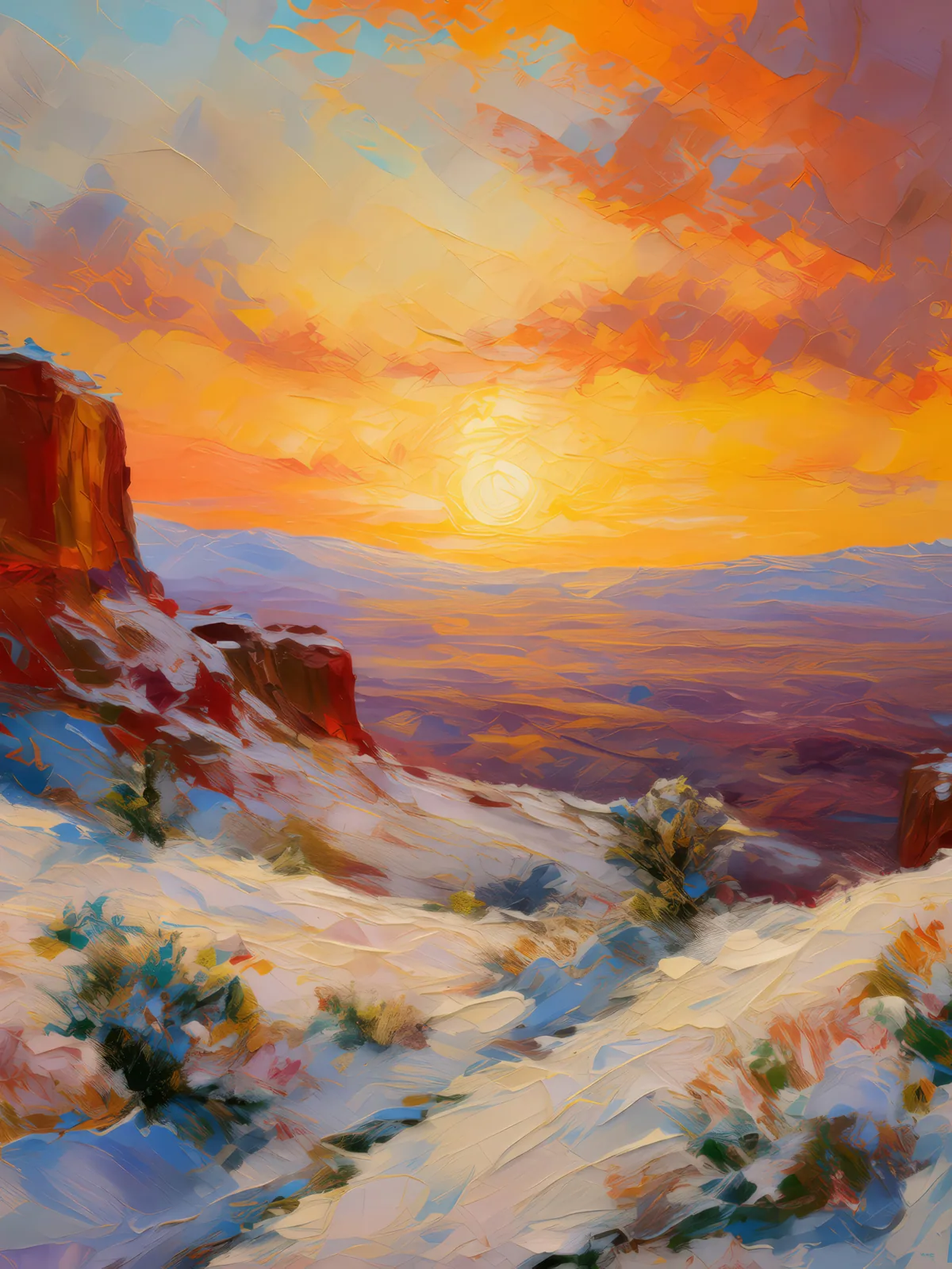 Winter Mesa Sunset, a palette-knife oil landscape by Emma Mickelberg