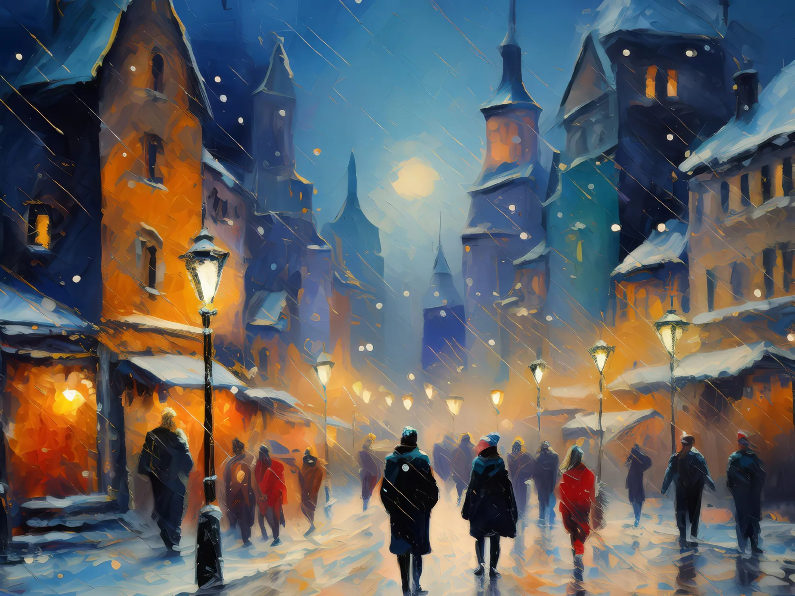 Winter Night in the City, a palette-knife oil landscape by Emma Mickelberg