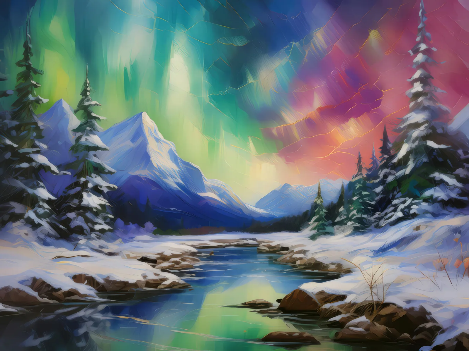 Winter Northern Lights, a palette-knife oil landscape by Emma Mickelberg