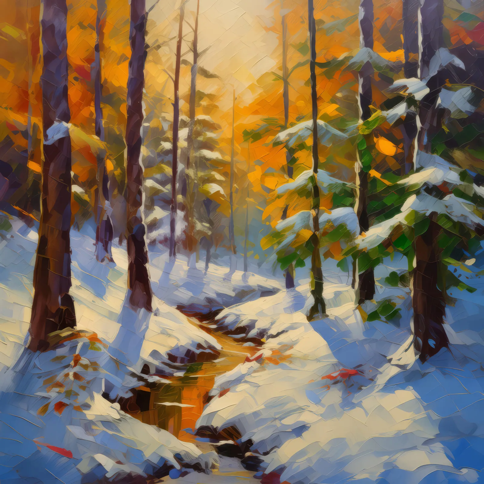 Winter Silence in the Woods, a palette-knife oil landscape by Emma Mickelberg