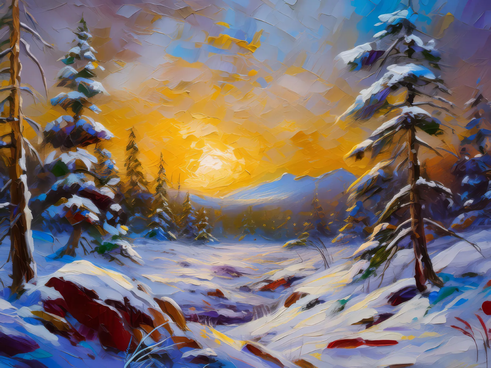 Winter Silence of Boreal Desert, a palette-knife oil landscape by Emma Mickelberg