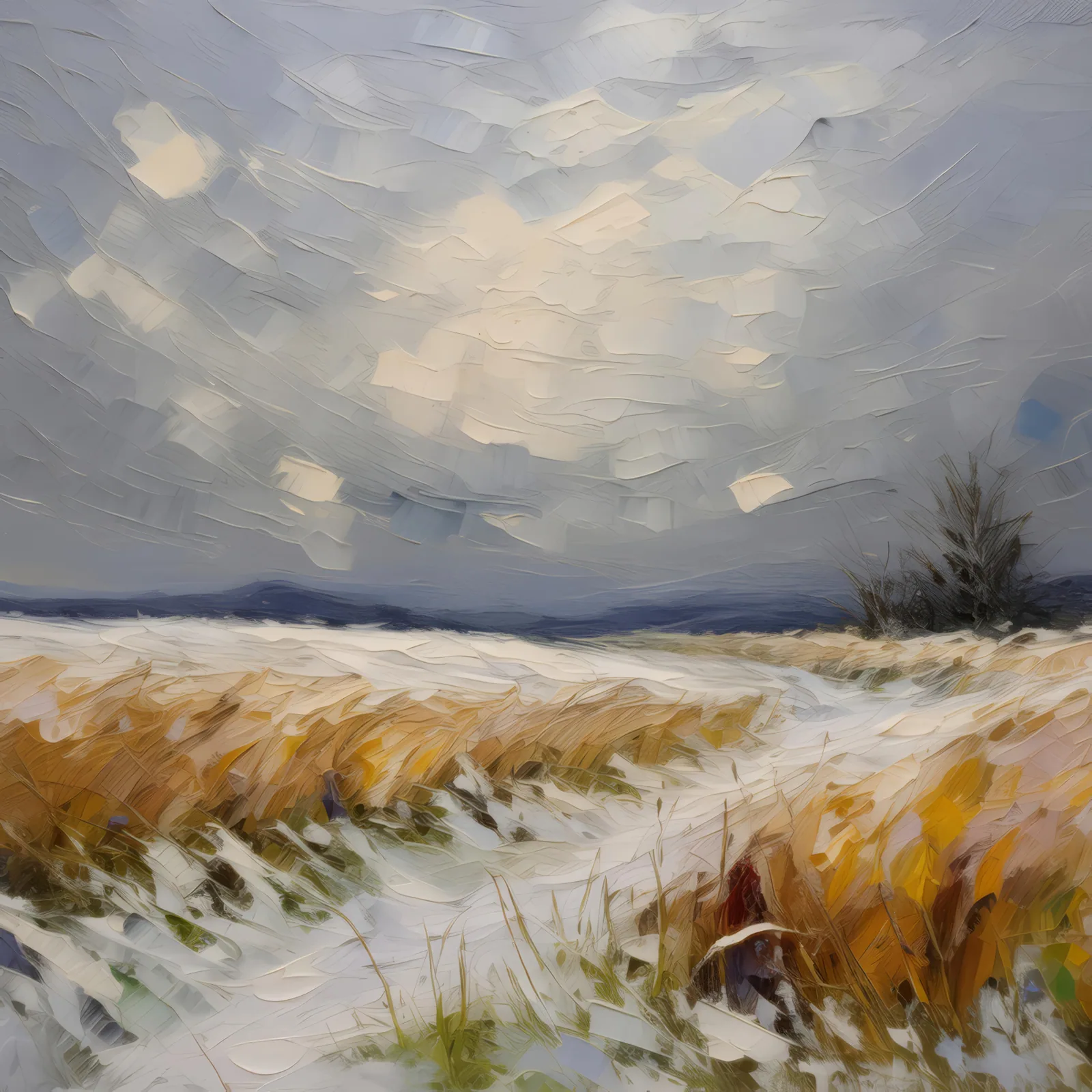Winter Snow on Grassland, a palette-knife oil landscape by Emma Mickelberg