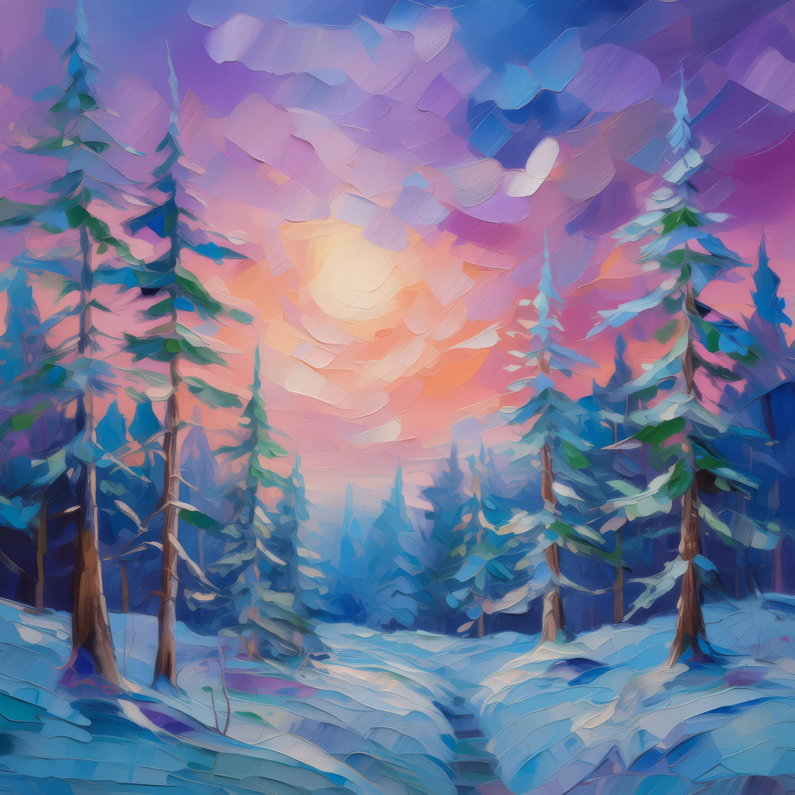 Winter Twilight in Boreal Forest, a palette-knife oil landscape by Emma Mickelberg
