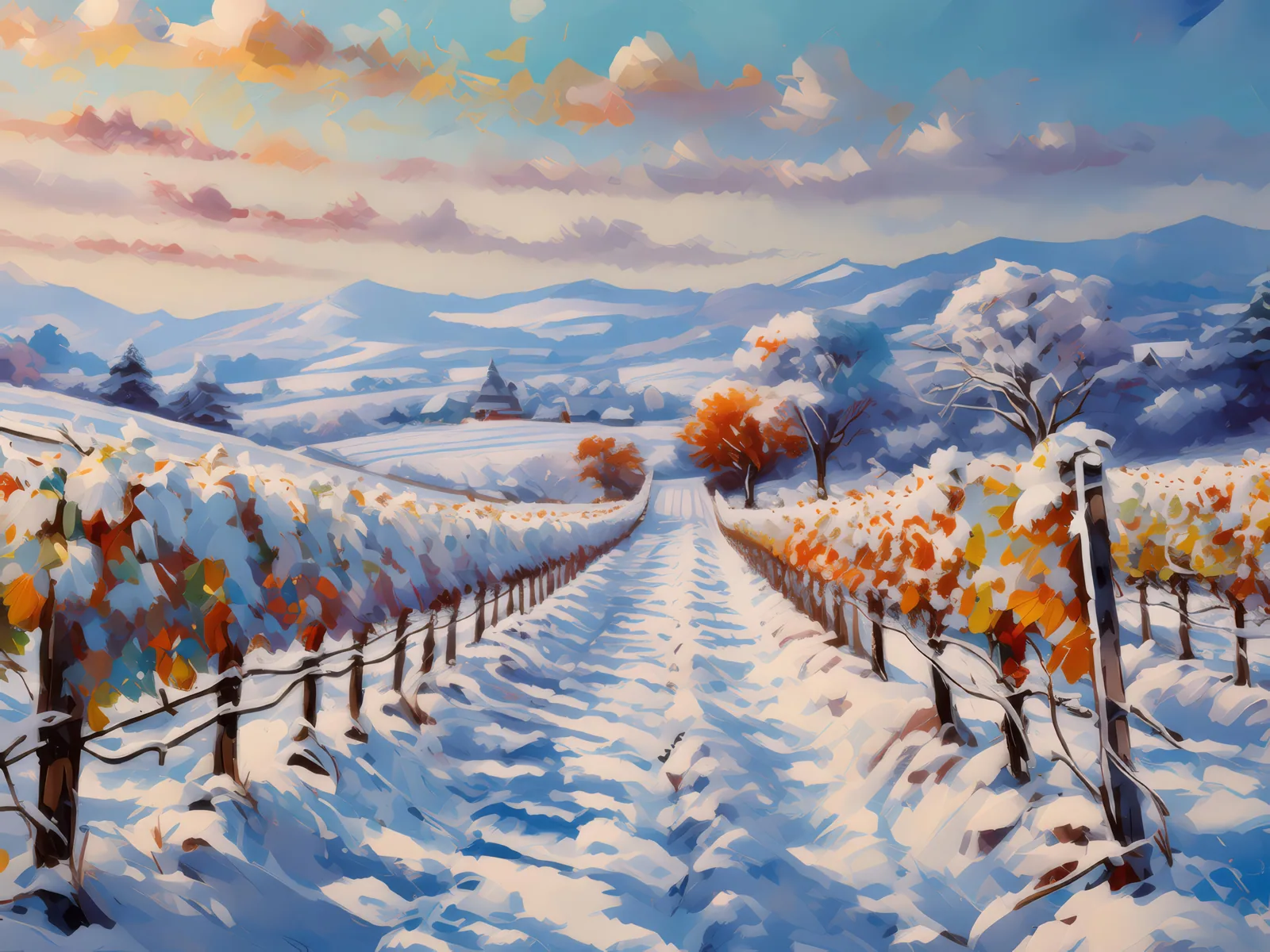 Winter Vineyard After Snowfall, a palette-knife oil landscape by Emma Mickelberg