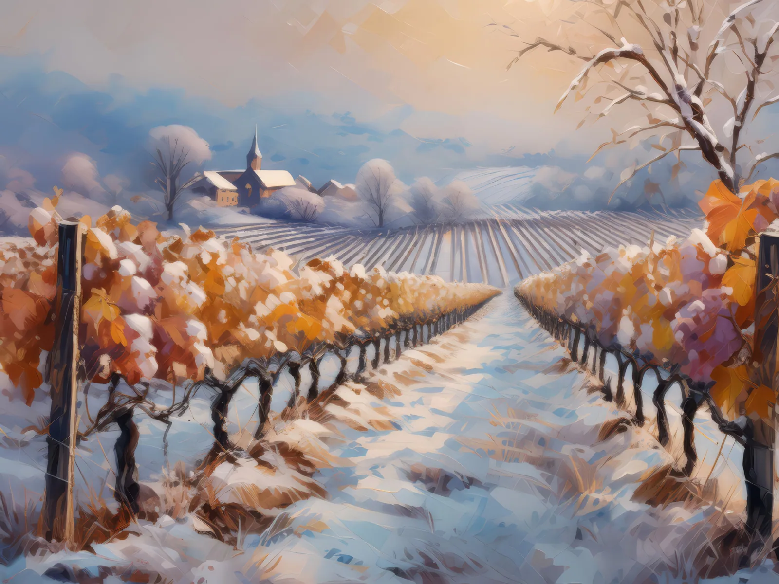 Winter Vineyard Frost, a palette-knife oil landscape by Emma Mickelberg