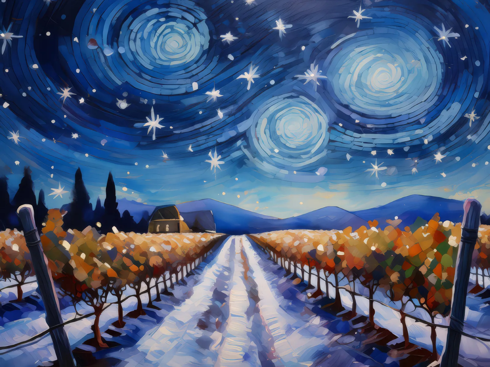 Winter Vineyard under Starry Sky, a palette-knife oil landscape by Emma Mickelberg