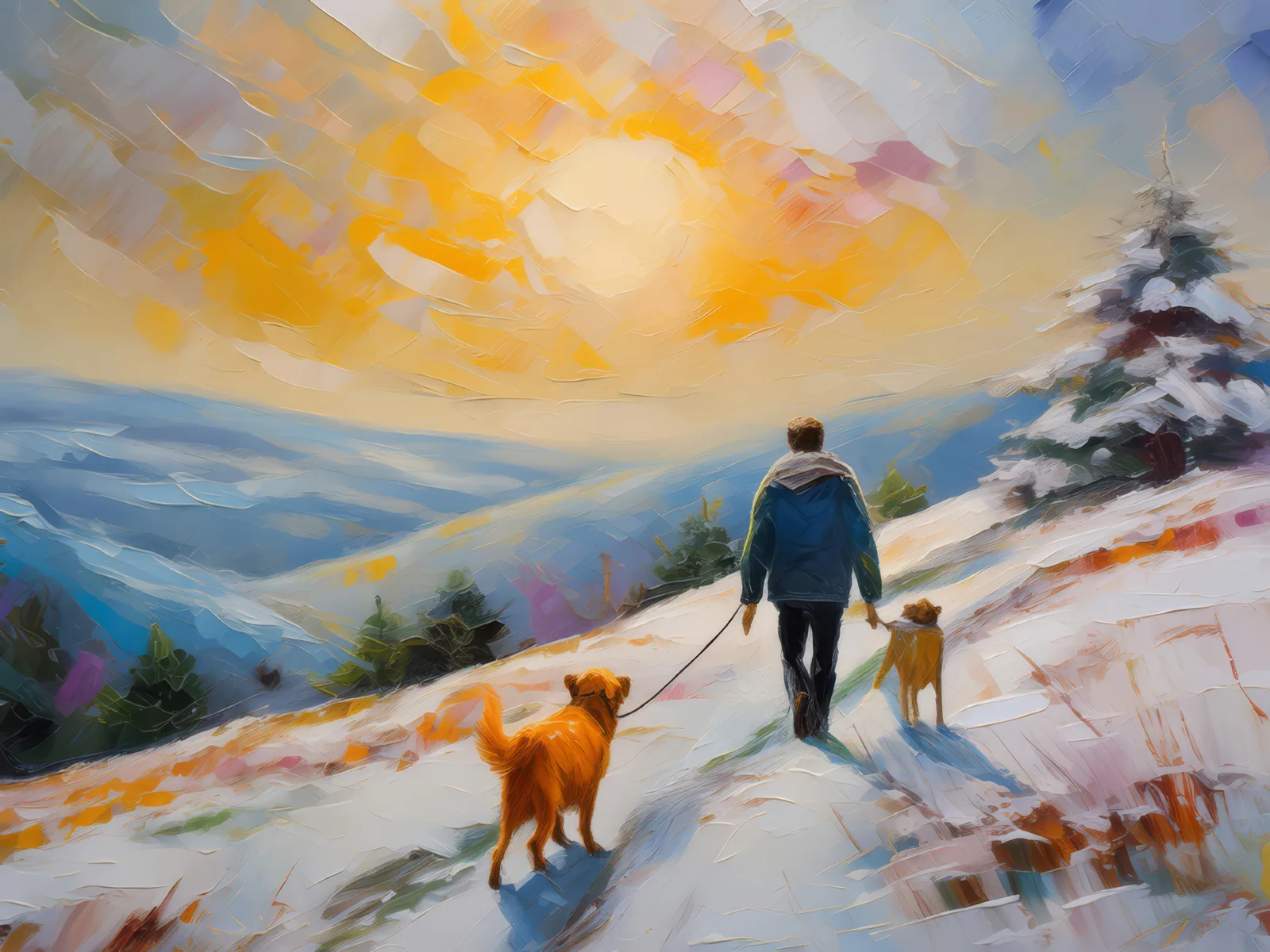 Winter Walk on Snowy Hill, a palette-knife oil landscape by Emma Mickelberg