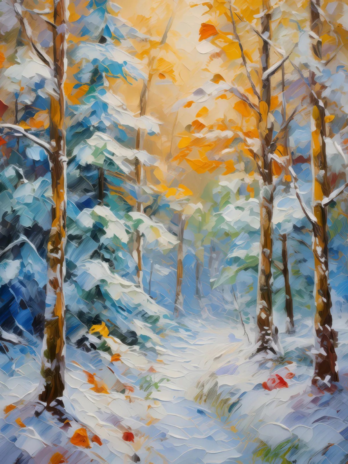 Winter's First Snowfall, a palette-knife oil landscape by Emma Mickelberg
