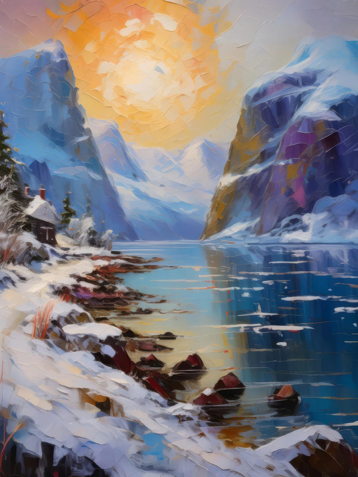 Winter's Hush on the Fjord, a palette-knife oil landscape by Emma Mickelberg