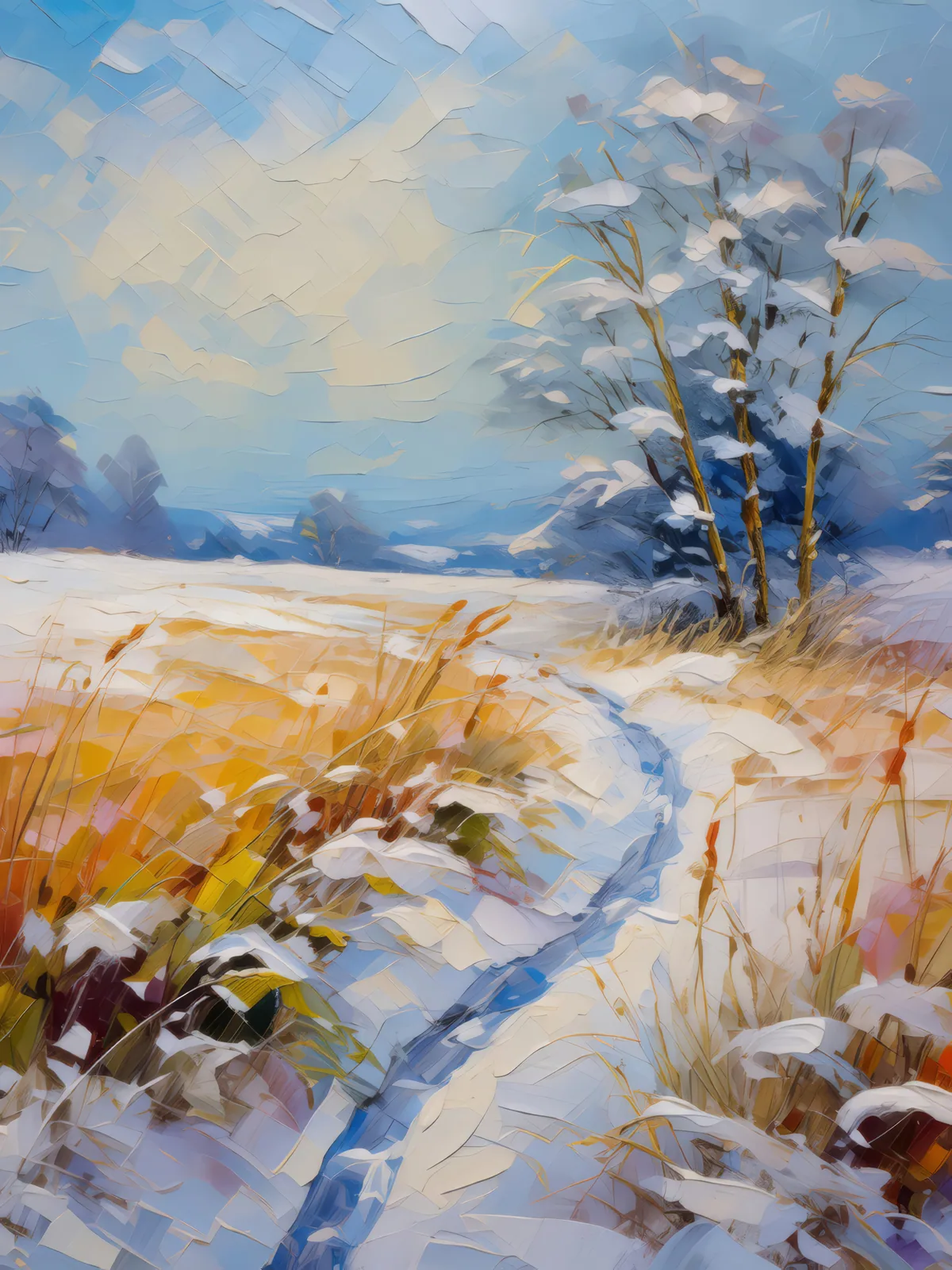 Winter's Touch on Grassland, a palette-knife oil landscape by Emma Mickelberg