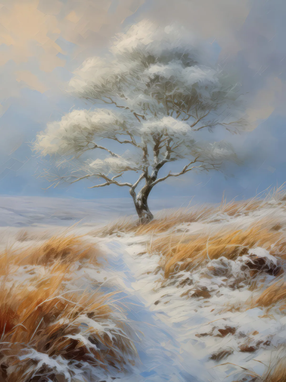 Winter's Touch on Moor, a palette-knife oil landscape by Emma Mickelberg