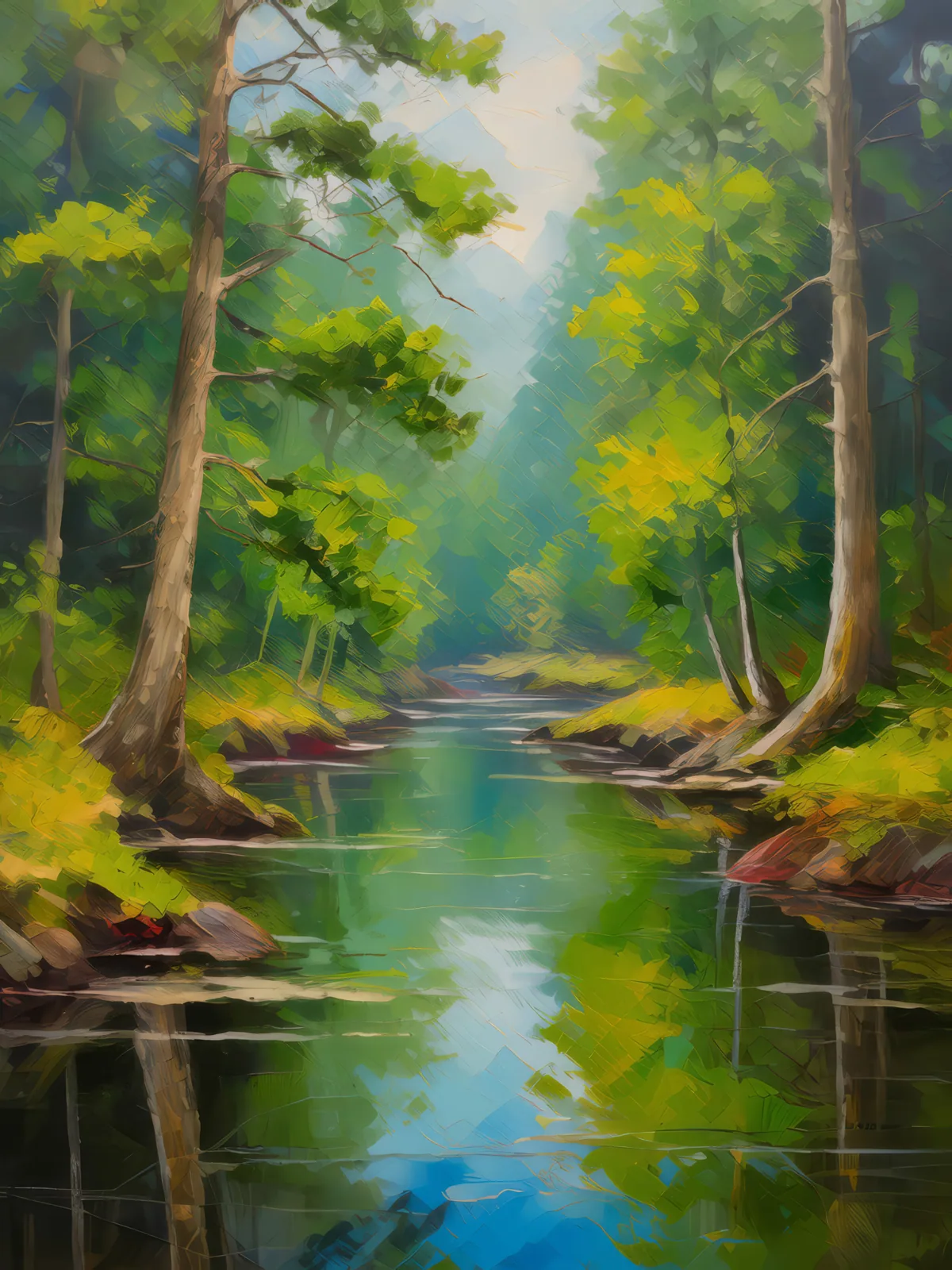 Woodland Creek Reflections, a palette-knife oil landscape by Emma Mickelberg