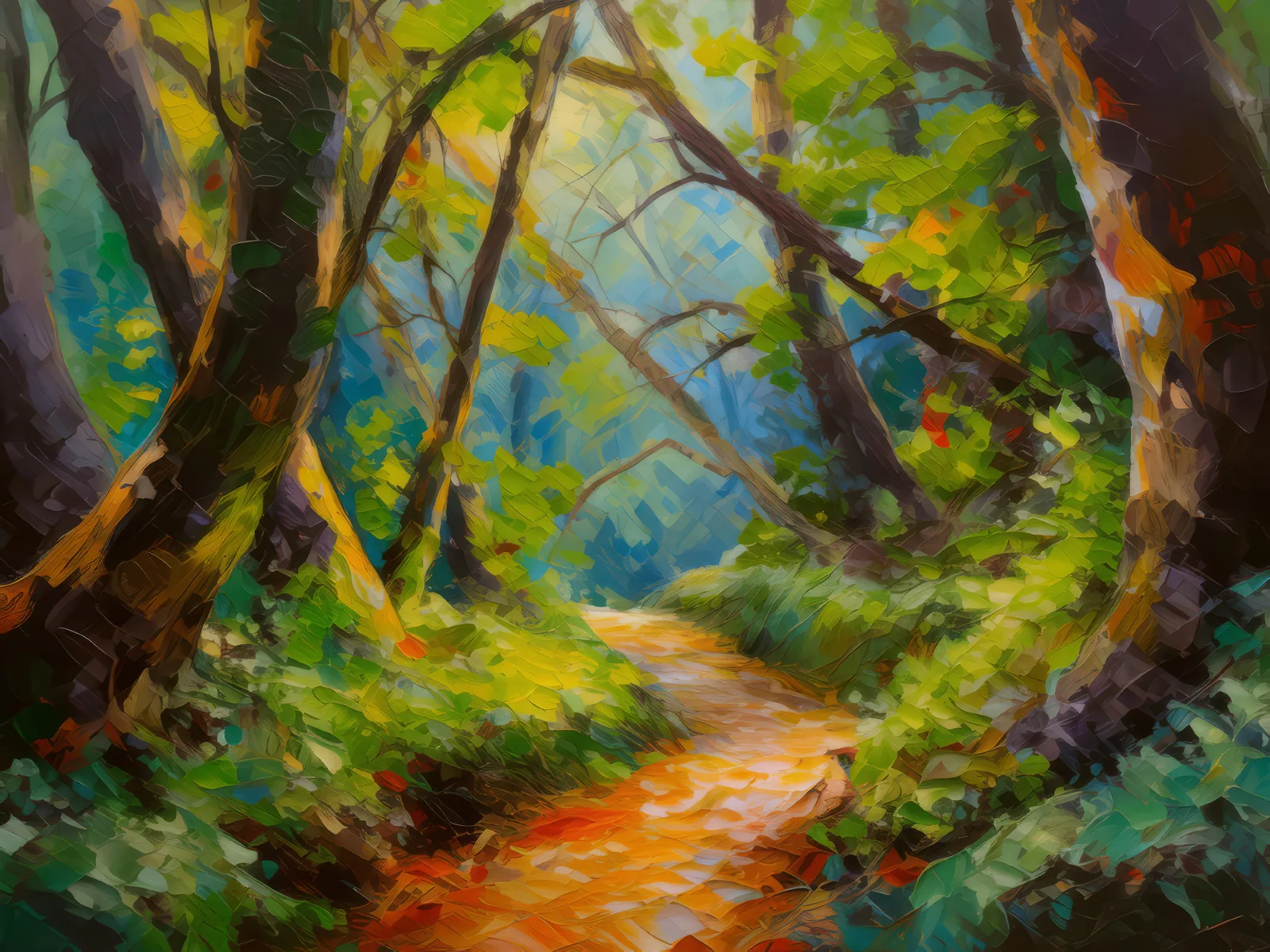Woodland Path Discovery, a palette-knife oil landscape by Emma Mickelberg