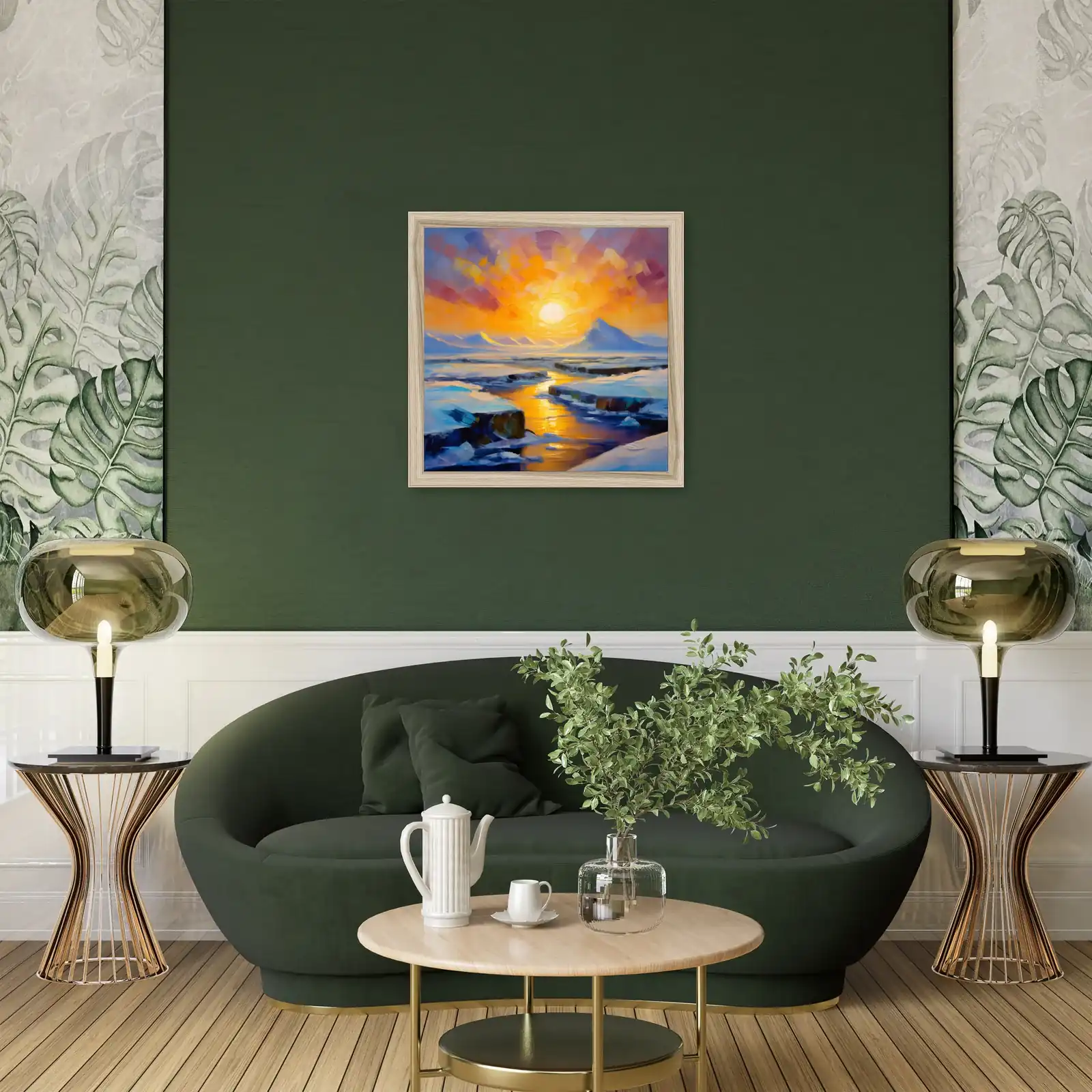 Frozen Tundra Sunrise, framed in natural wood, on a dark green wall